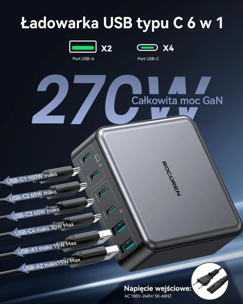 Rocoren USB-C GaN įkroviklis 270 W, 6 lizdų, 4 x USB-C, 2 x USB-A, PD 100 W, QC4.0, PPS, juodas