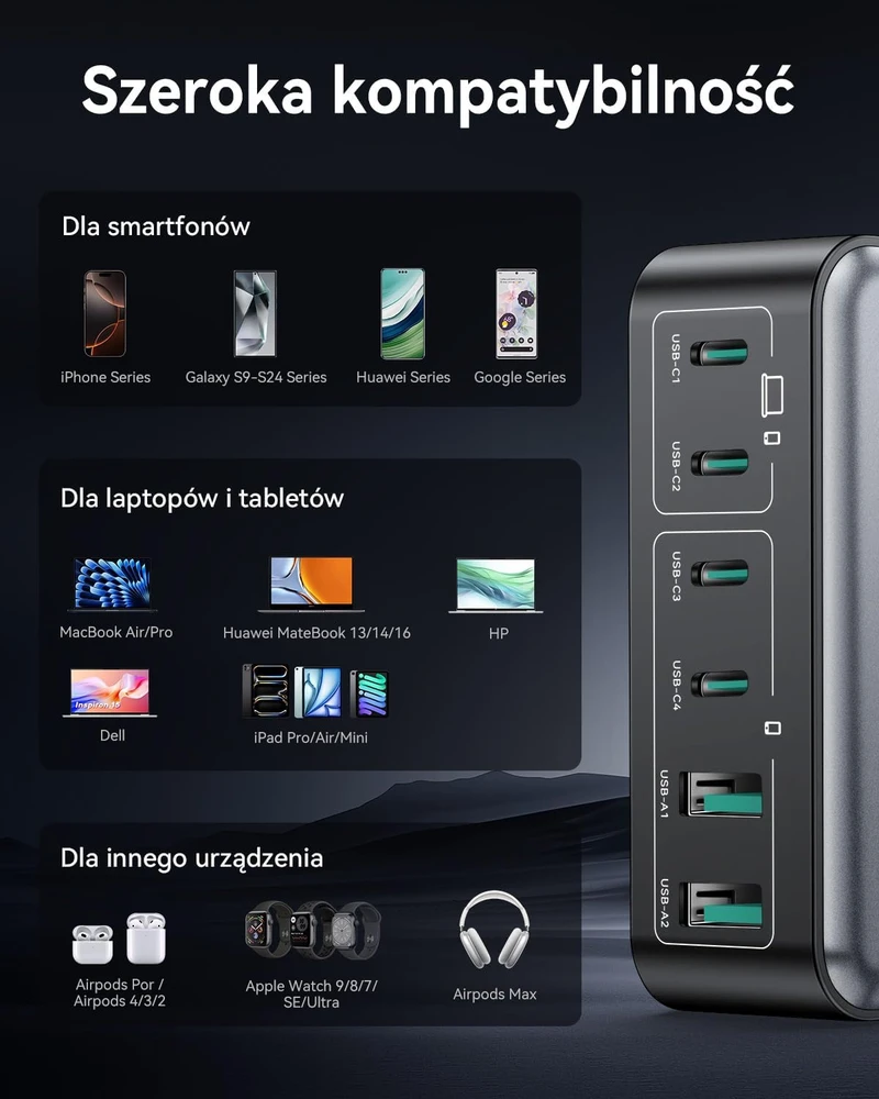 Rocoren USB-C GaN įkroviklis 270 W, 6 lizdų, 4 x USB-C, 2 x USB-A, PD 100 W, QC4.0, PPS, juodas