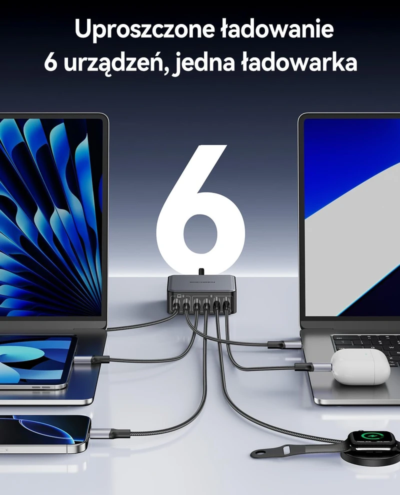 Rocoren USB-C GaN įkroviklis 270 W, 6 lizdų, 4 x USB-C, 2 x USB-A, PD 100 W, QC4.0, PPS, juodas