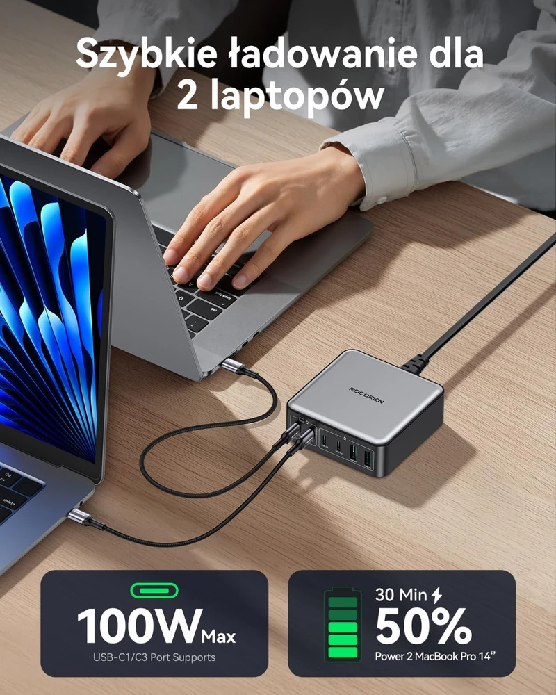 Rocoren USB-C GaN įkroviklis 270 W, 6 lizdų, 4 x USB-C, 2 x USB-A, PD 100 W, QC4.0, PPS, juodas