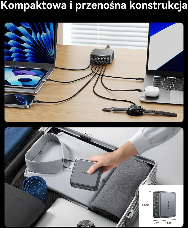 Rocoren USB-C GaN įkroviklis 270 W, 6 lizdų, 4 x USB-C, 2 x USB-A, PD 100 W, QC4.0, PPS, juodas