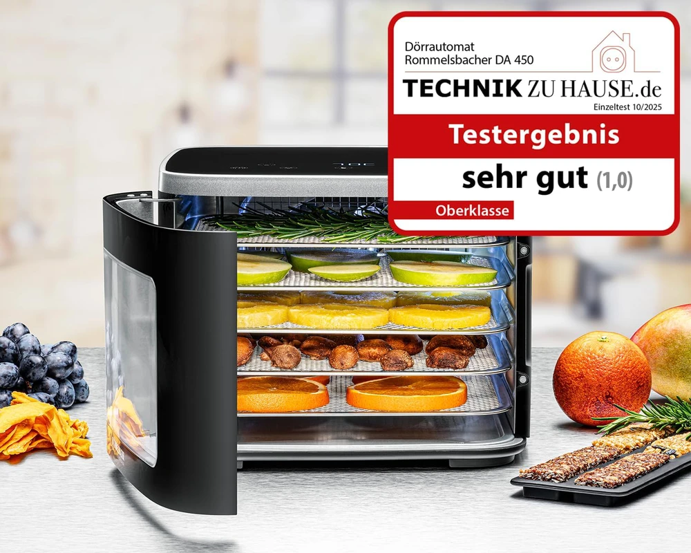 Rommelsbacher maisto džiovyklė 500 W, reguliuojama temperatūra 35–80 °C, 5 nerūdijančios plieno padėklai, DA 450