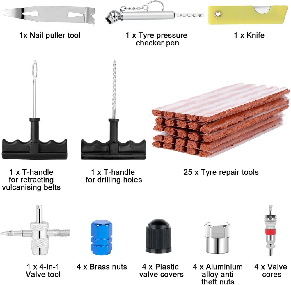 Romon bekamerių padangų remonto rinkinys 48 dalių su slėgio matuokliu Kit de Réparation de Pneu-01