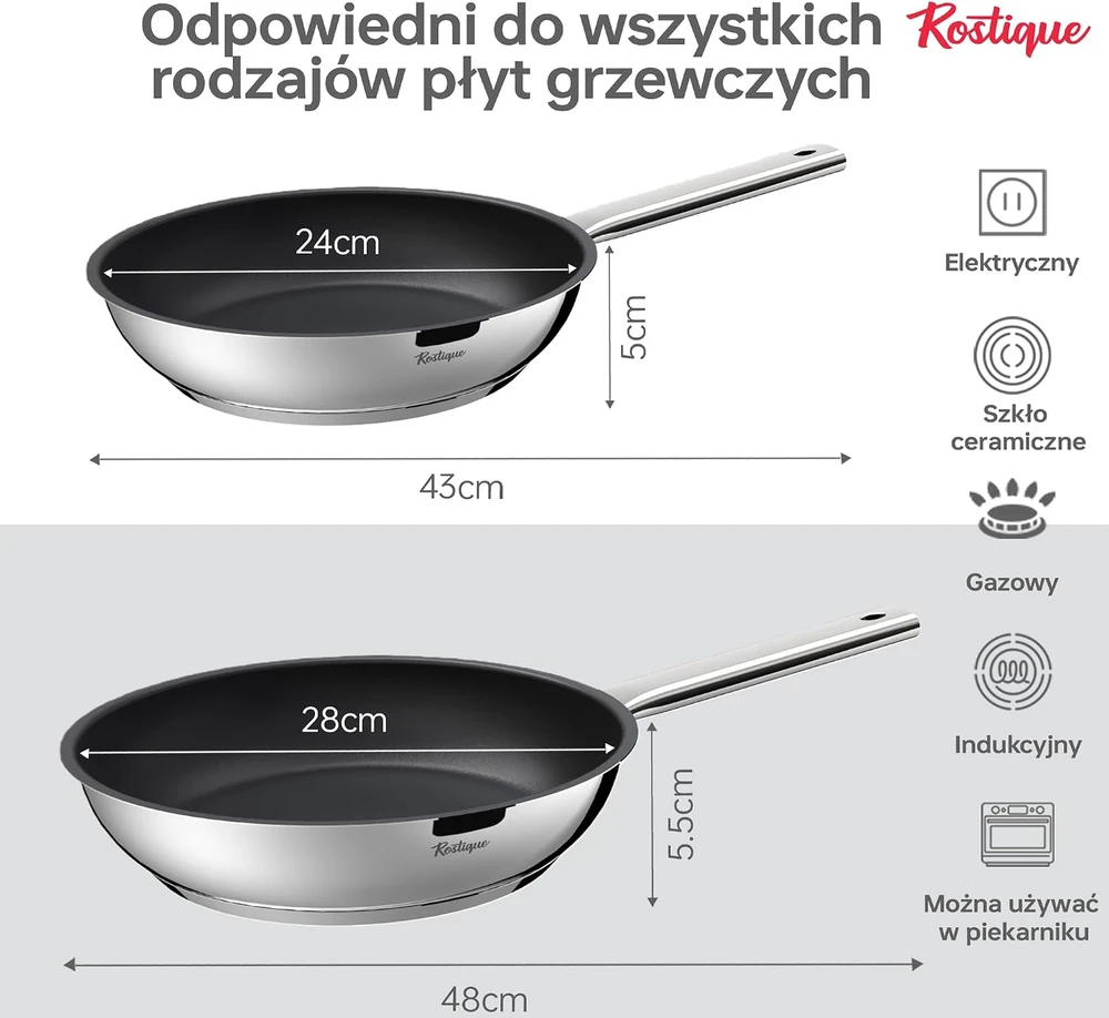 Rostique nerūdijančiojo plieno keptuvių rinkinys 24 ir 28 cm indukcijai