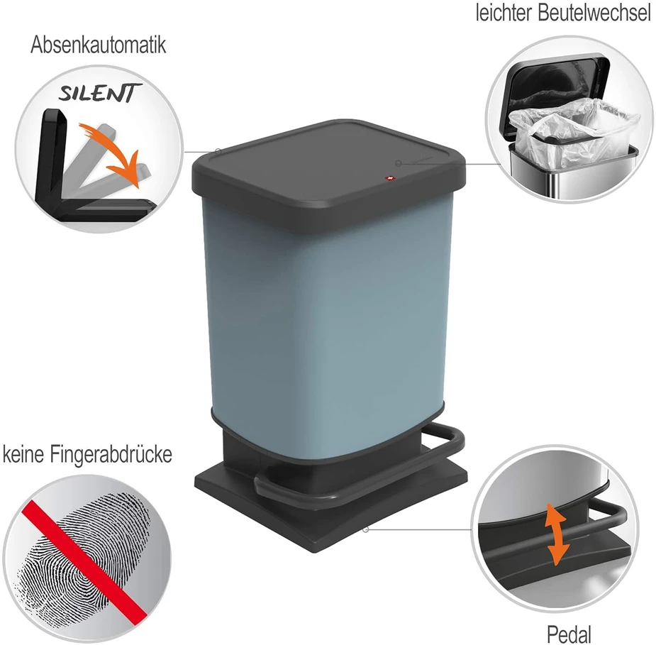 Rotho pedalinė šiukšlių dėžė 20 l, perdirbamas plastikas, be BPA, mėlyna, Paso serija
