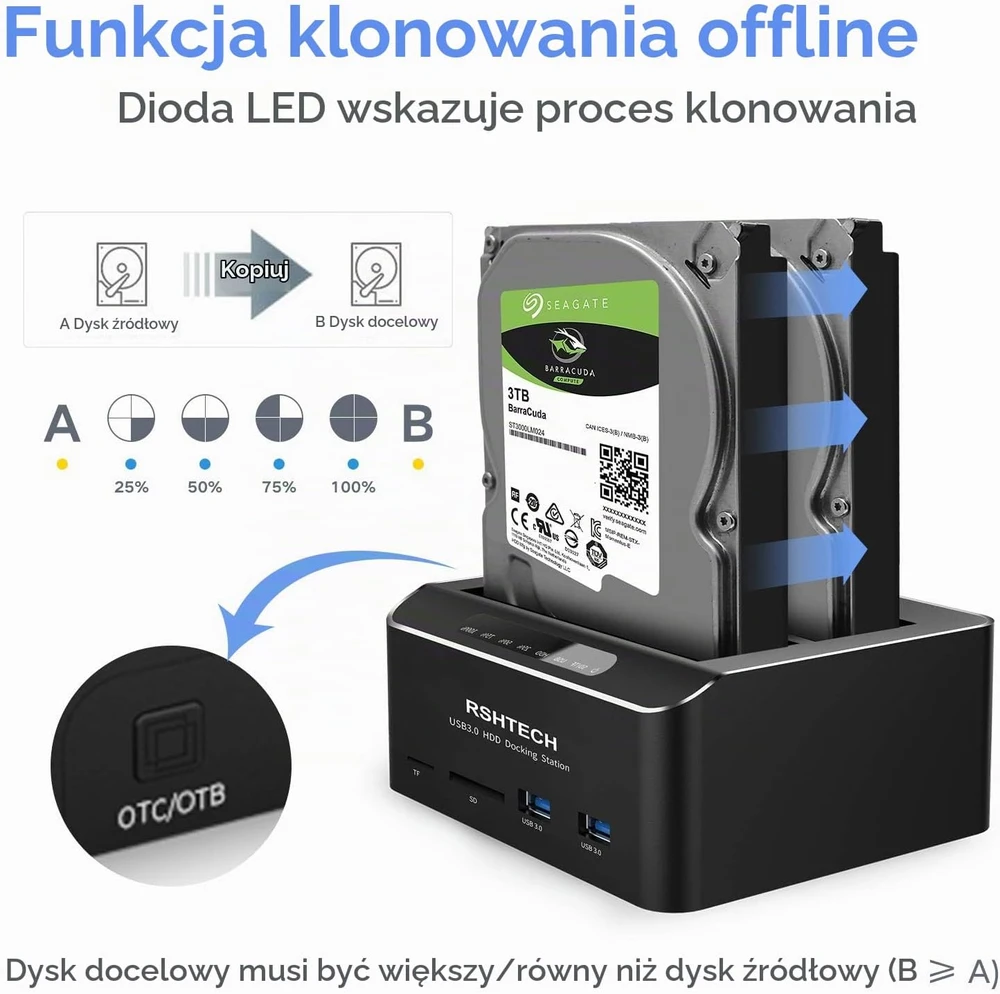 RSHTECH dviejų diskų SATA HDD ir SSD dokavimo stotelė USB 3.0 su klonavimu DE-RSH-DS02