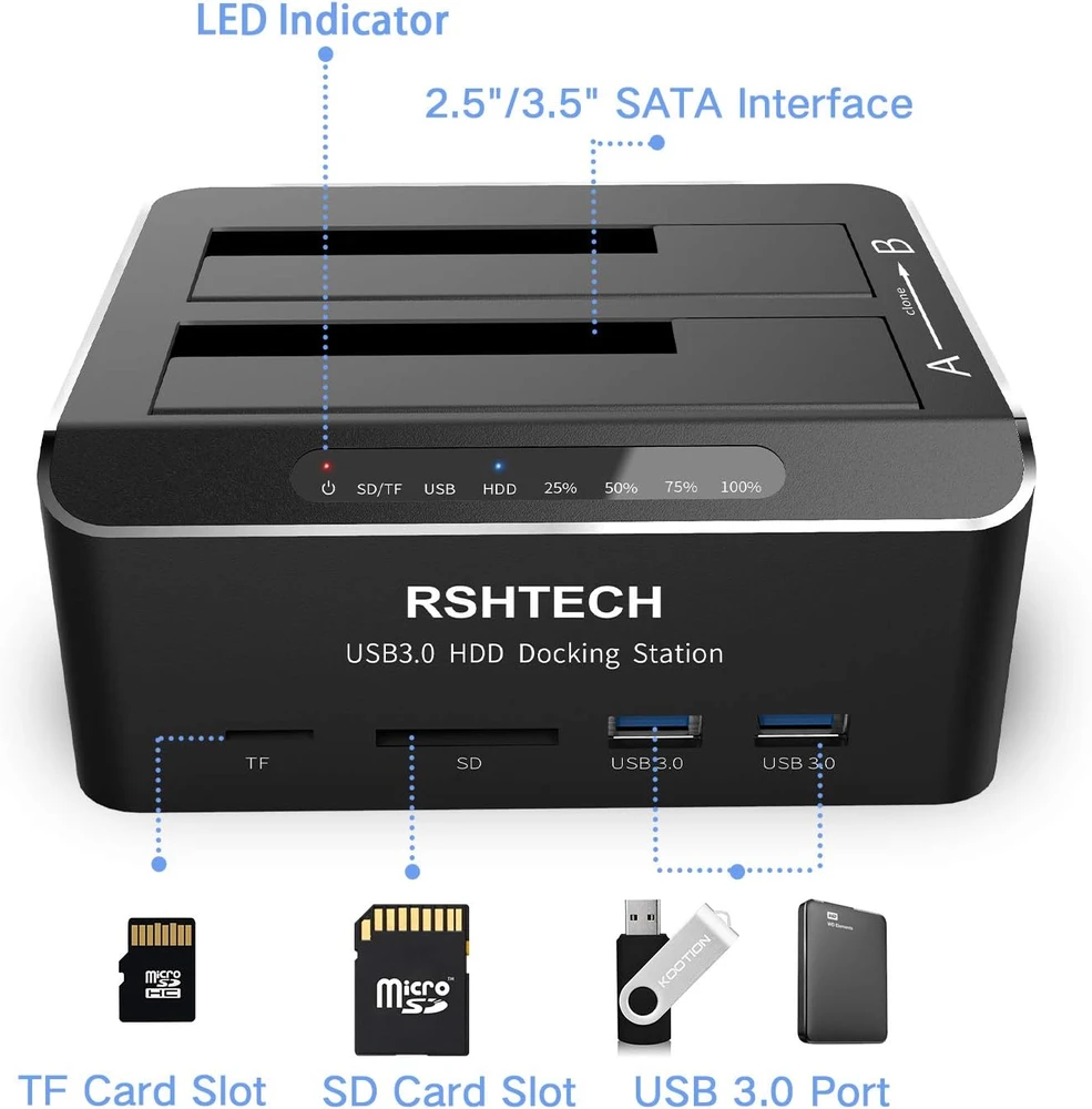 RSHTECH dviejų diskų SATA HDD ir SSD dokavimo stotelė USB 3.0 su klonavimu DE-RSH-DS02
