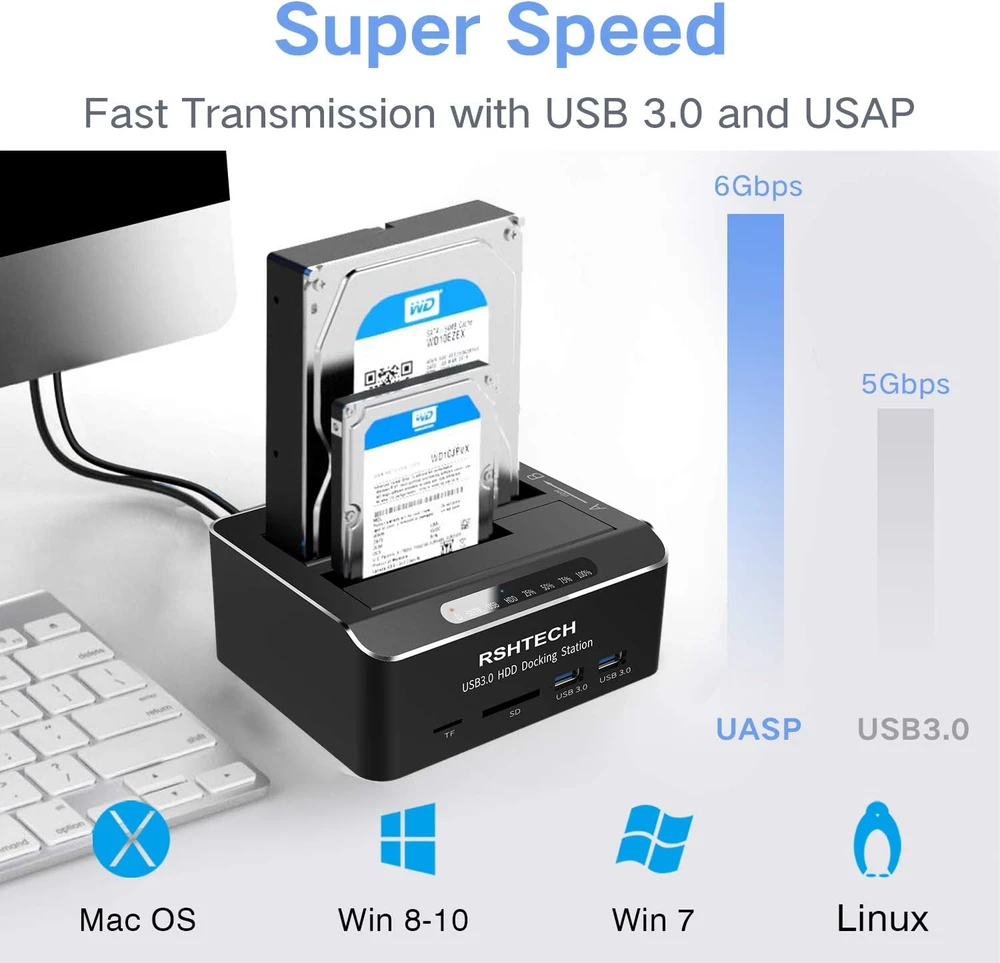 RSHTECH dviejų diskų SATA HDD ir SSD dokavimo stotelė USB 3.0 su klonavimu DE-RSH-DS02