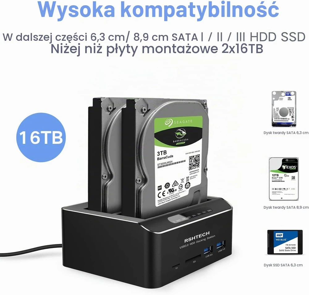 RSHTECH dviejų diskų SATA HDD ir SSD dokavimo stotelė USB 3.0 su klonavimu DE-RSH-DS02
