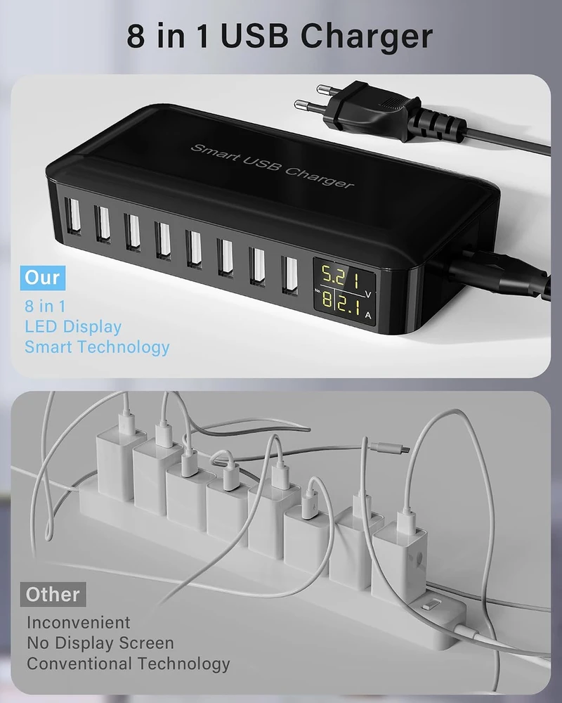Rsydmny USB įkrovimo stotelė 8 prievadų 40 W su LED ekranu i6