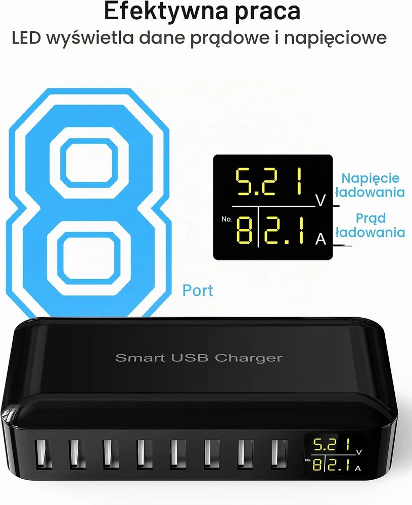 Rsydmny USB įkrovimo stotelė 8 prievadų 40 W su LED ekranu i6