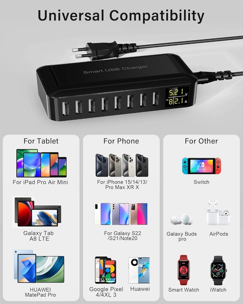 Rsydmny USB įkrovimo stotelė 8 prievadų 40 W su LED ekranu i6