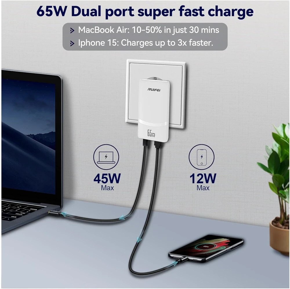 RUIFEI USB-C kroviklis 65 W, GaN technologija, 2 lizdai, PD 3.0, sulankstoma jungtis, RF065WCA-01
