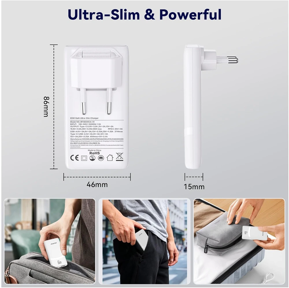 RUIFEI USB-C kroviklis 65 W, GaN technologija, 2 lizdai, PD 3.0, sulankstoma jungtis, RF065WCA-01