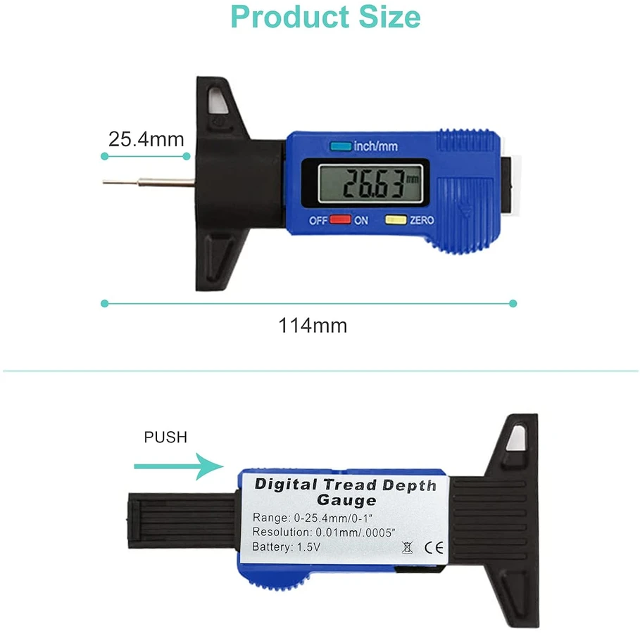 RUIZHI skaitmeninis padangų protektoriaus gylio matuoklis su LCD ekranu 0–25,4 mm 118