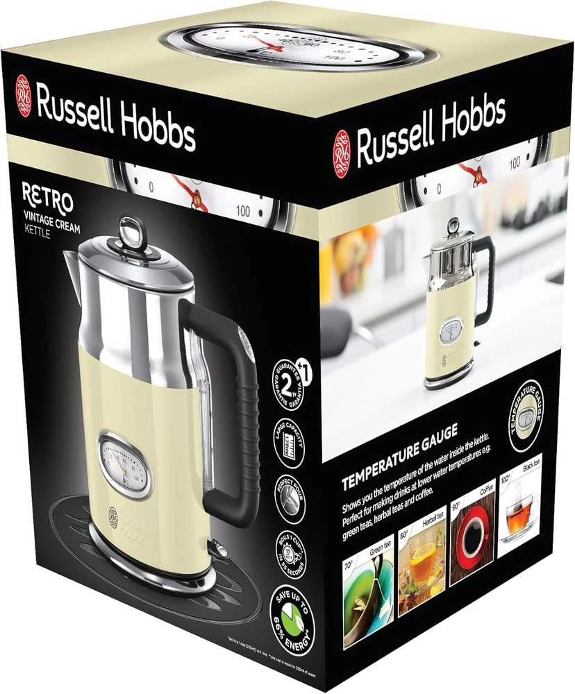 Russell Hobbs elektrinis virdulys 1,7 l, 2400 W, nerūdijančio plieno, kreminės spalvos, Retro 21672-70