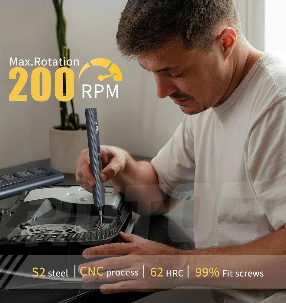 RUTOZ precizinis elektrinis atsuktuvas, 62 antgaliai, 650 mAh RTS-ELE69-Pilkas-EU