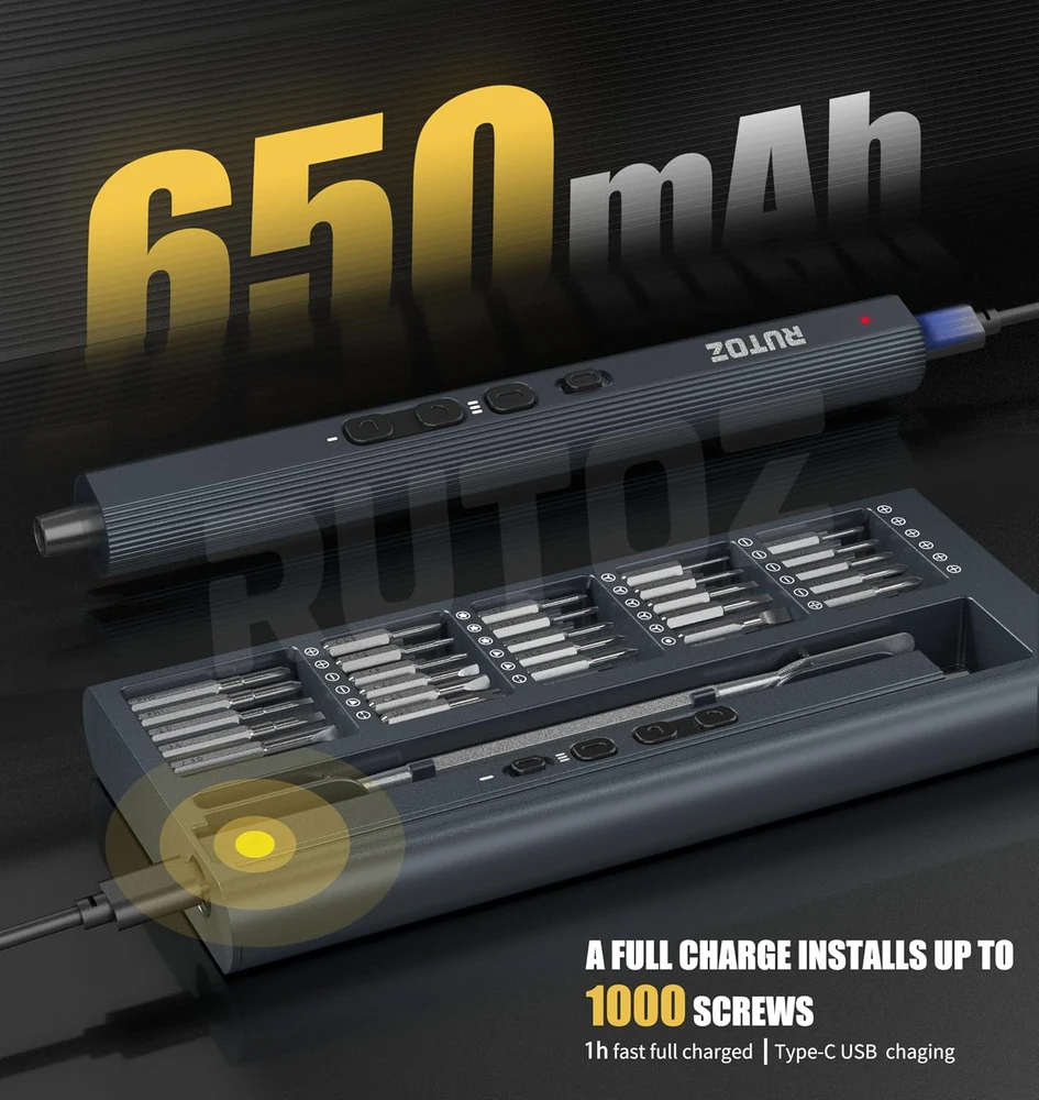RUTOZ precizinis elektrinis atsuktuvas, 62 antgaliai, 650 mAh RTS-ELE69-Pilkas-EU