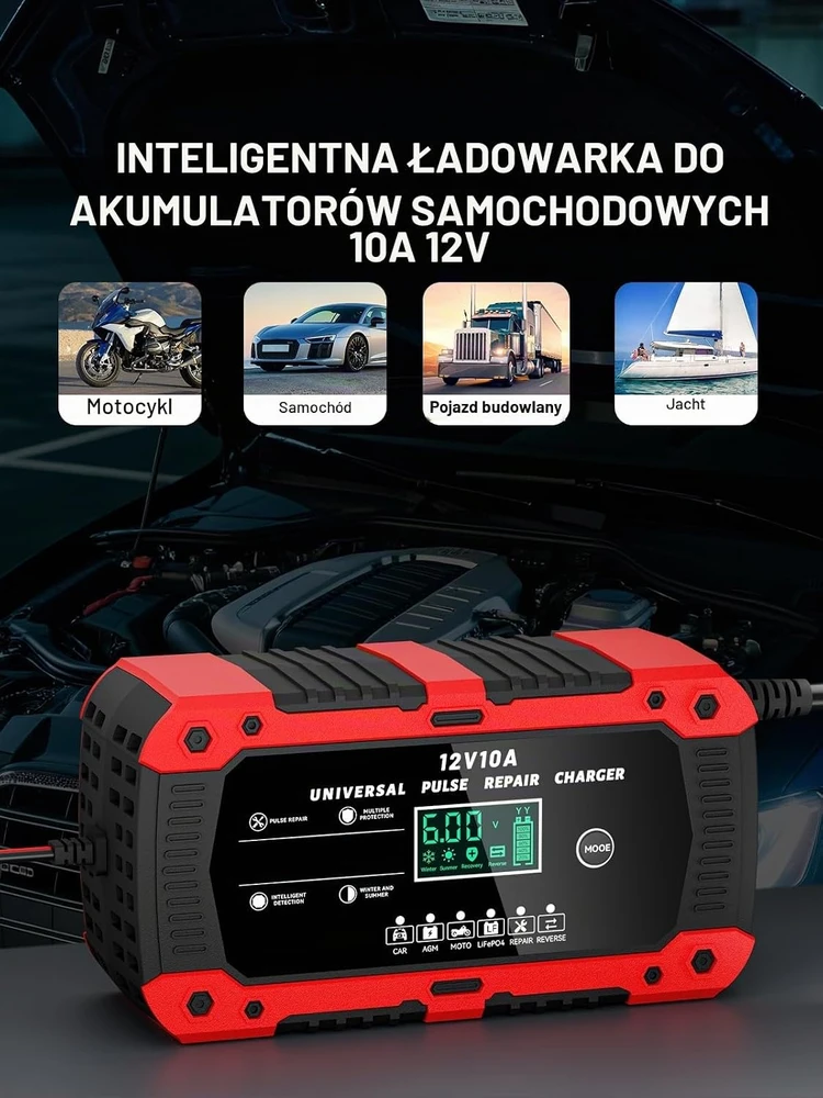 RYQLVOT akumuliatorių įkroviklis 12 V 10 A LiFePO4, AGM, GEL ir SLA akumuliatoriams