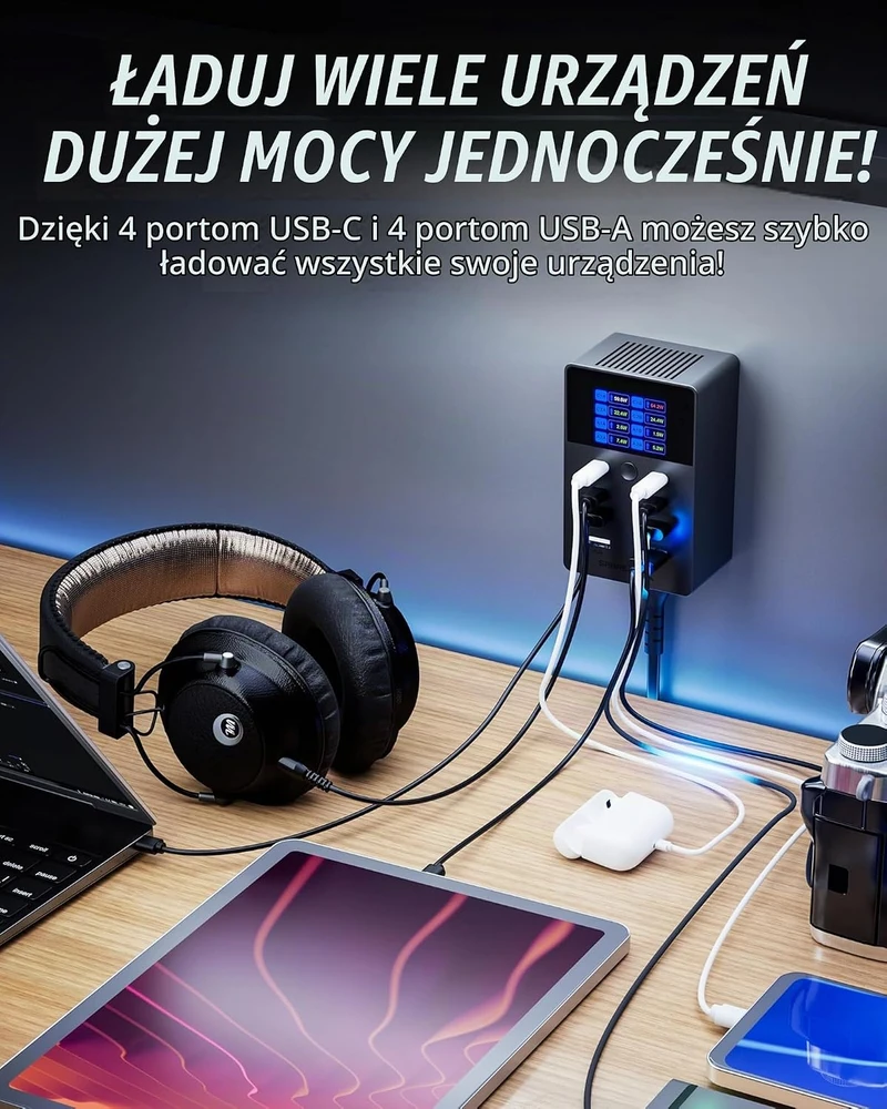 SABRENT 8 prievadų USB-C ir USB-A įkroviklis 252 W su LCD ekranu AX-8PTC