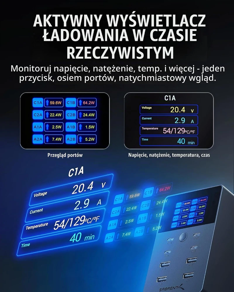 SABRENT 8 prievadų USB-C ir USB-A įkroviklis 252 W su LCD ekranu AX-8PTC
