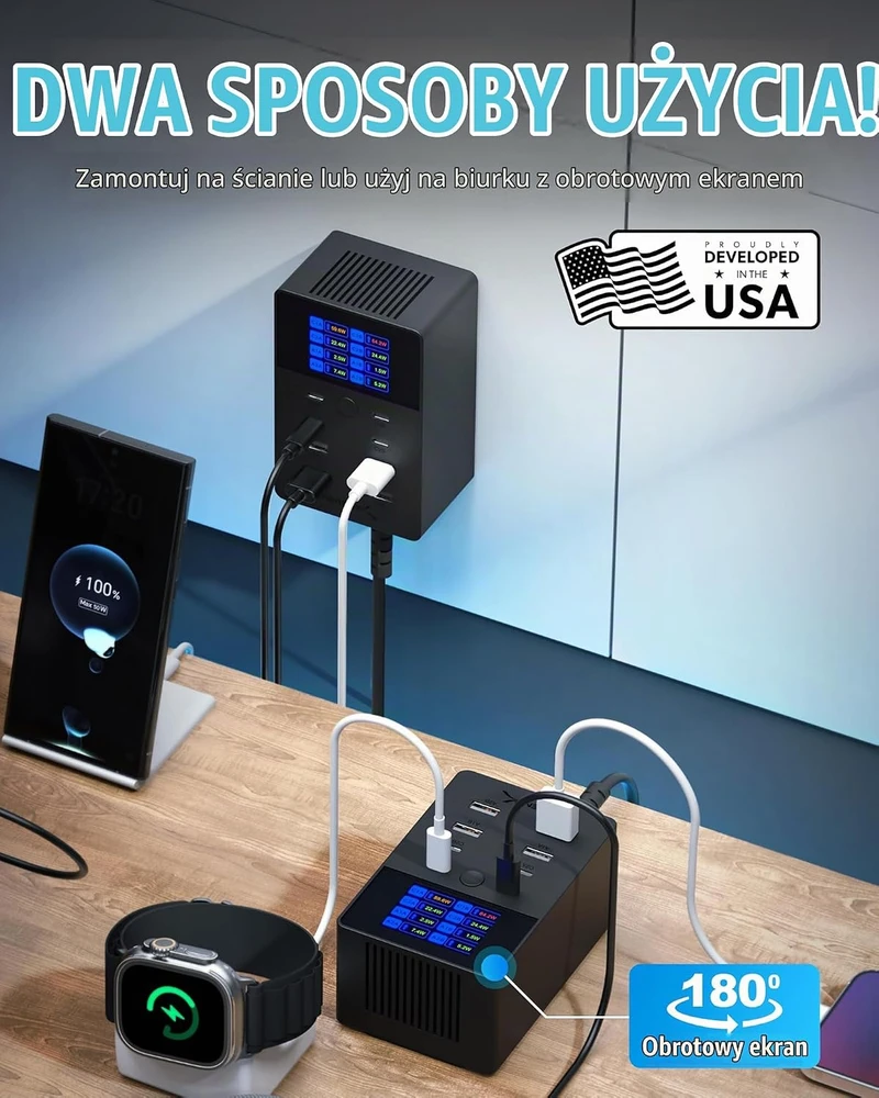 SABRENT 8 prievadų USB-C ir USB-A įkroviklis 252 W su LCD ekranu AX-8PTC
