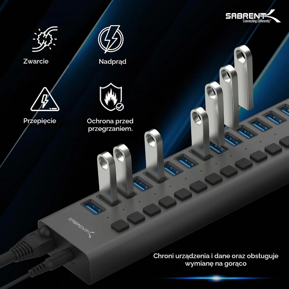 SABRENT maitinamas USB koncentratorius, 16 prievadų, USB 3.2, 90 W, HB-PU16