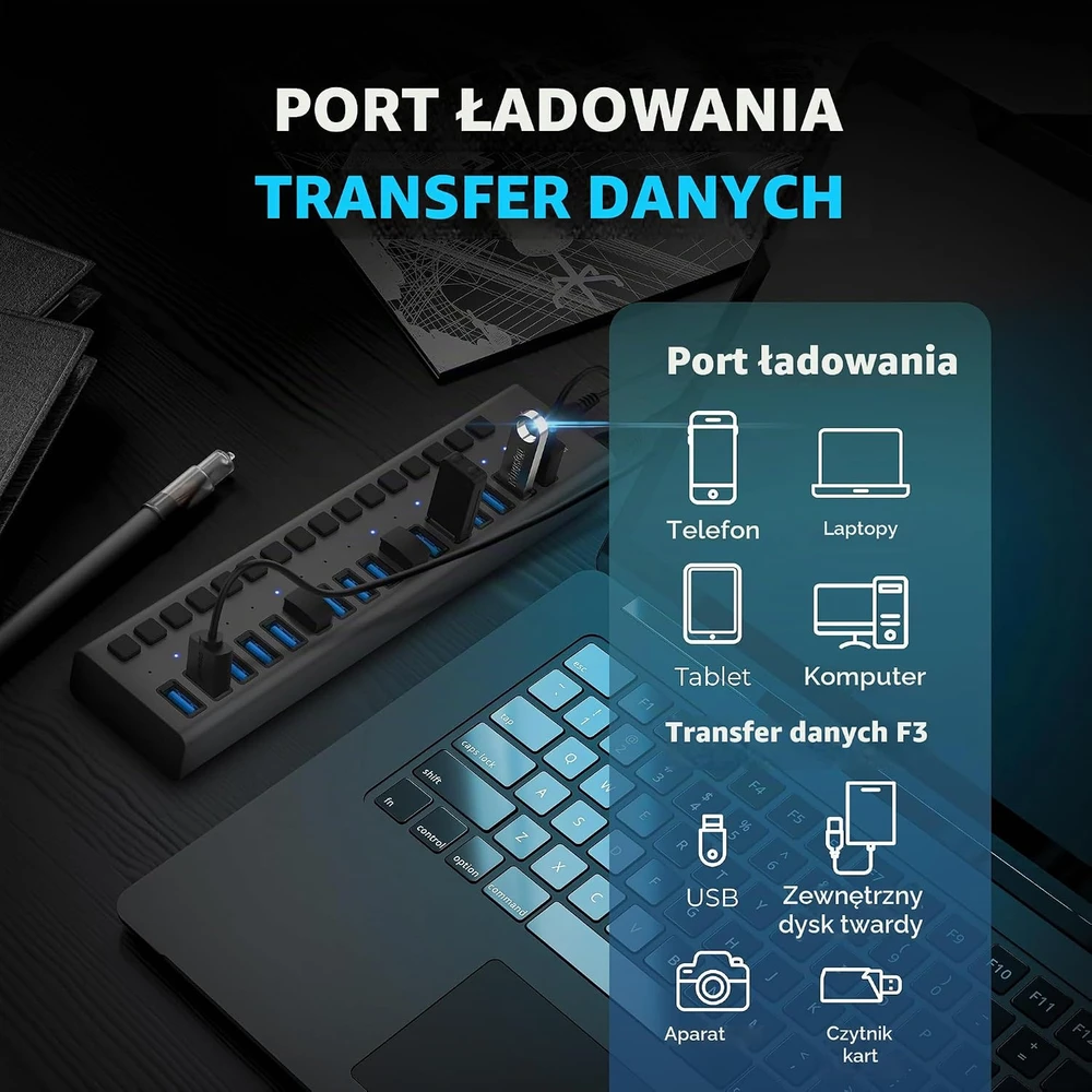 SABRENT maitinamas USB koncentratorius, 16 prievadų, USB 3.2, 90 W, HB-PU16