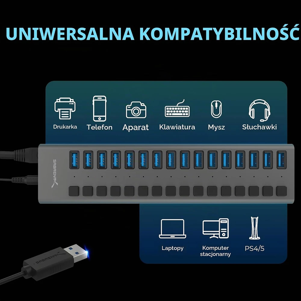 SABRENT maitinamas USB koncentratorius, 16 prievadų, USB 3.2, 90 W, HB-PU16