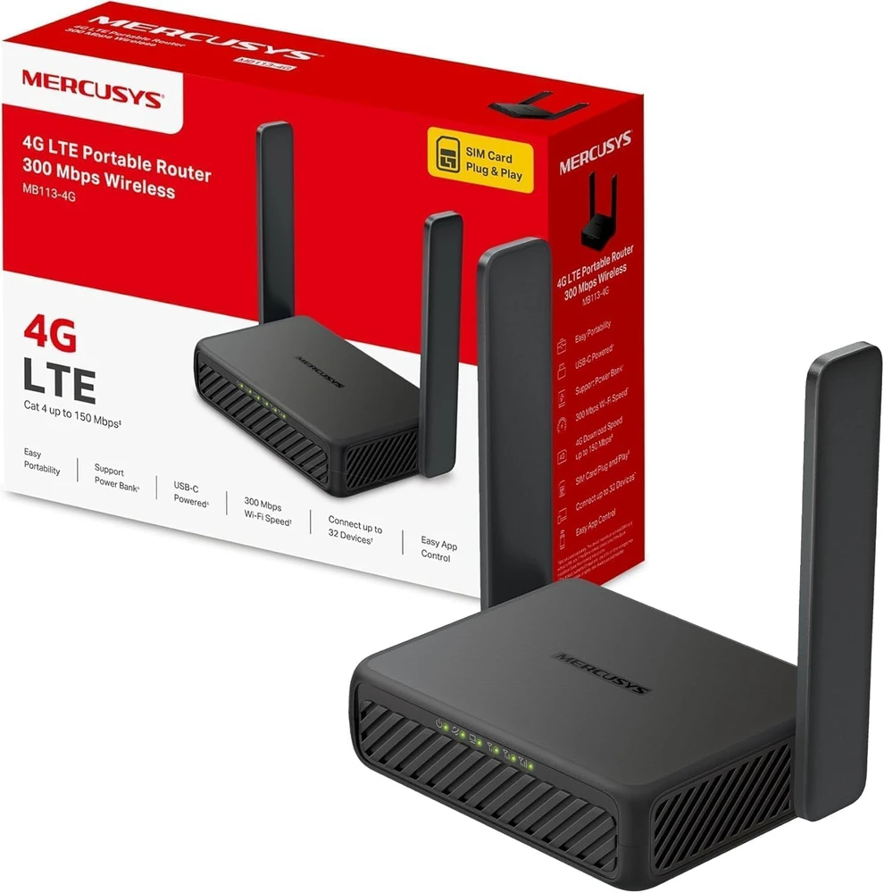 Mercusys | MB113-4G | Wireless 4G LTE Portable Maršrutizatorius | 802.11n | Ethernet LAN (RJ-45) jungtys 2 | 300 Mbit/s | Mesh Support No | MU-MiMO No | 4G