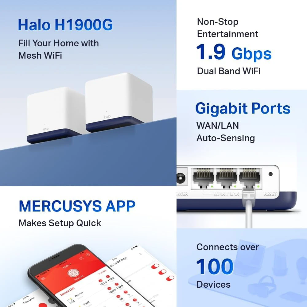 Šakotuvas Mercusys Halo H1900G Wi-Fi Mesh sistema, AC1900, 3 vienetai, 1.9 Gb/s, dviejų juostų