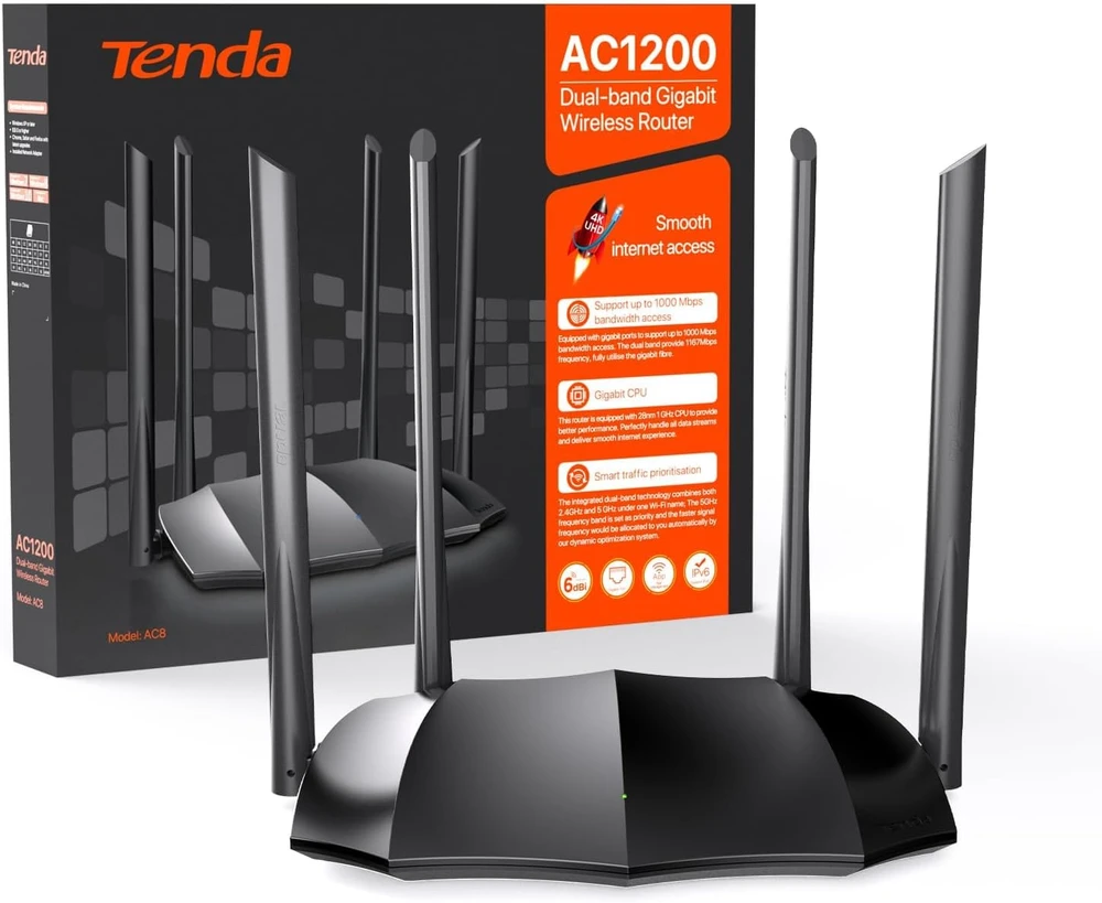 Šakotuvas Tenda belaidis maršrutizatorius AC1200, dviejų dažnių juostų, gigabitinis, AC8
