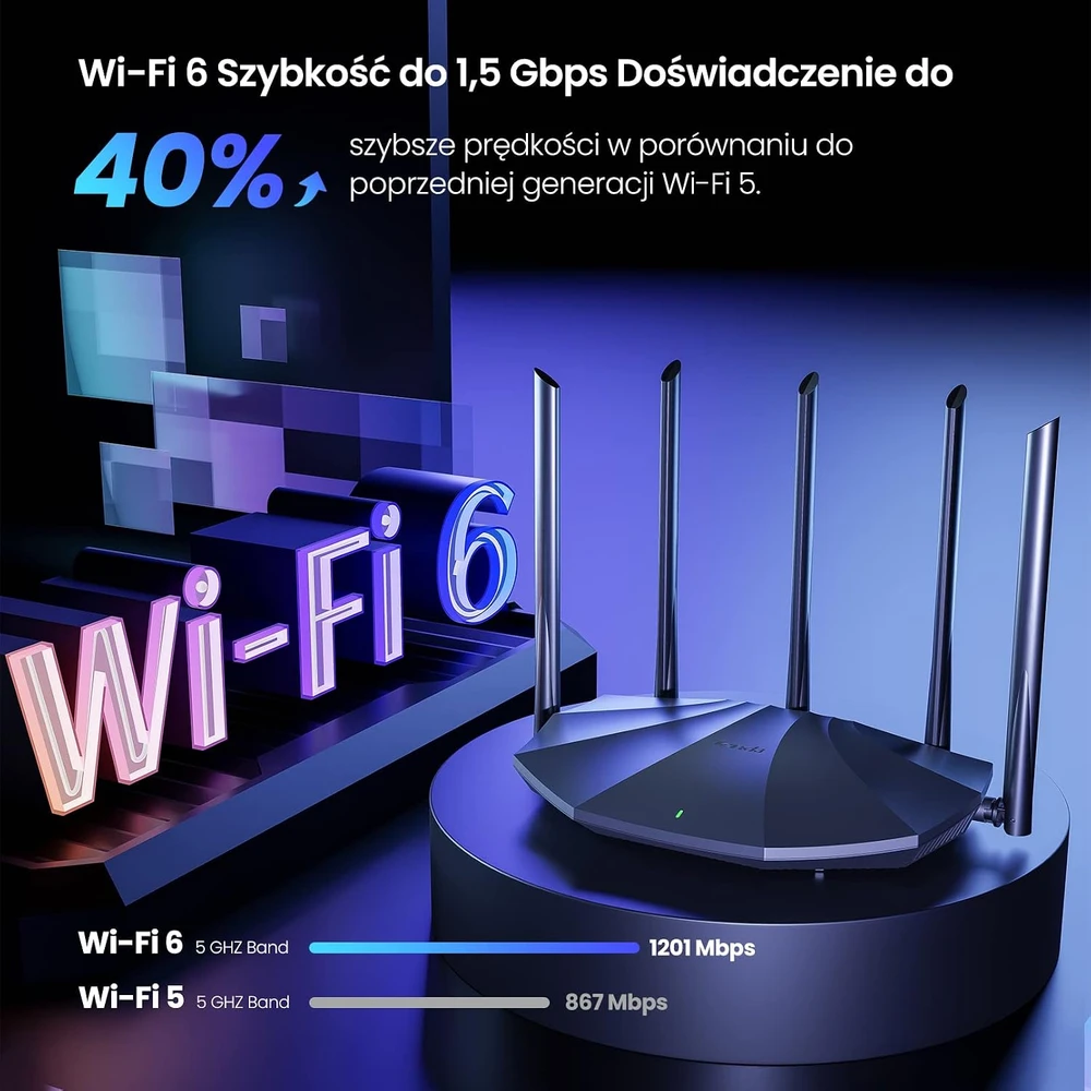 Tenda Wi-Fi 6 AX1500 dviejų juostų maršrutizatorius su 4 Gigabit prievadais RX2 Pro