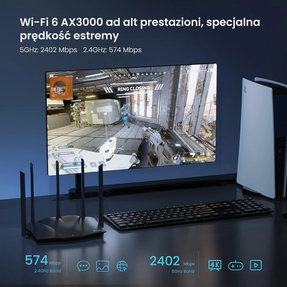 Tenda Wi-Fi 6 maršrutizatorius AX3000, dviejų dažnių juostų, Gigabit RX12 Pro