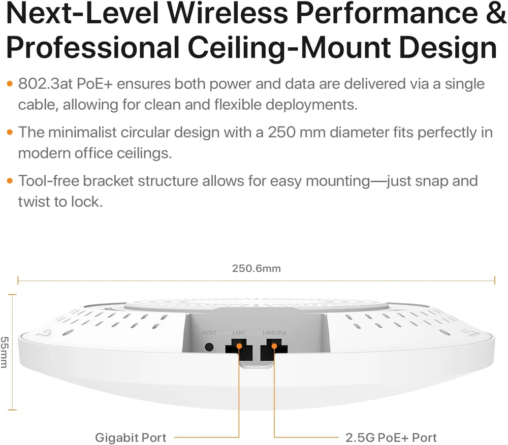 Šakotuvas Tenda Wi-Fi 7 belaidis prieigos taškas BE5010, dviejų juostų, 5 Gb/s, 2,5G PoE