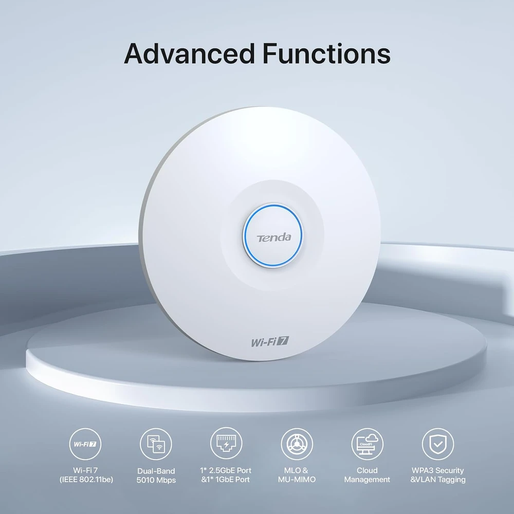 Šakotuvas Tenda Wi-Fi 7 belaidis prieigos taškas BE5010, dviejų juostų, 5 Gb/s, 2,5G PoE