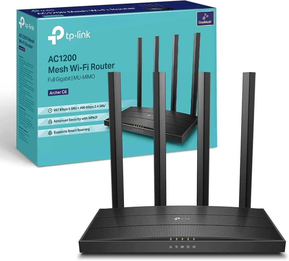 TP-LINK | Maršrutizatorius | Archer C6 | 802.11ac | 300+867 Mbit/s | 10/100/1000 Mbit/s | Mesh palaikymas: ne | MU-MIMO: taip | Mobiliojo ryšio nėra | Antenų tipas: 4x išorinės | Ne