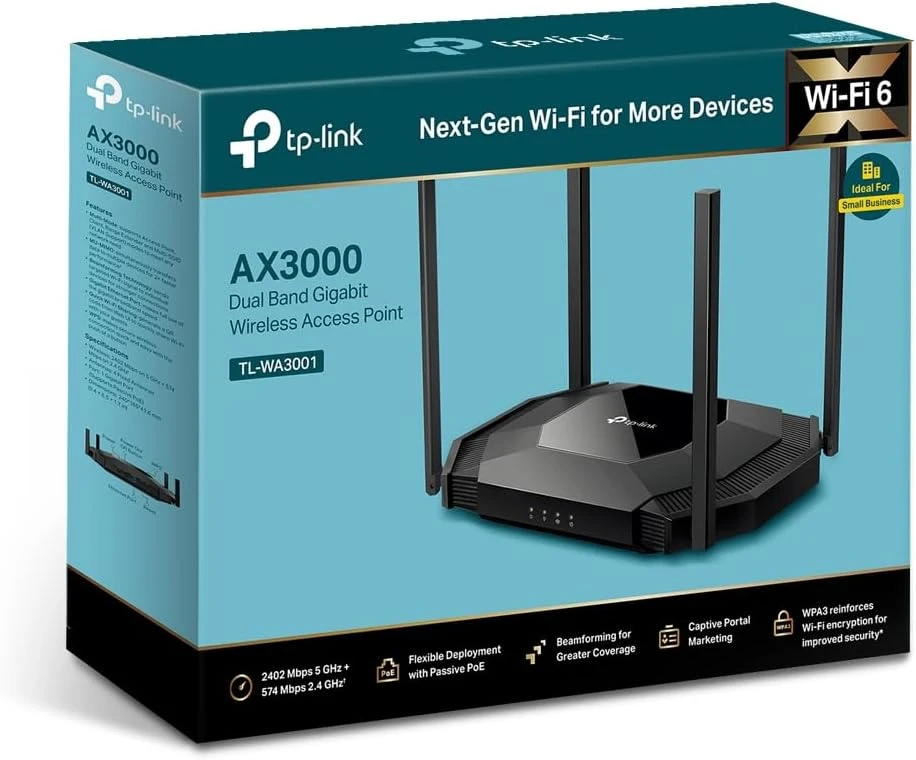 Maršrutizatorius TP-Link Wi-Fi 6 prieigos taškas AX3000 su 2,5G LAN, PoE ir 4 antenomis TL-WA3001