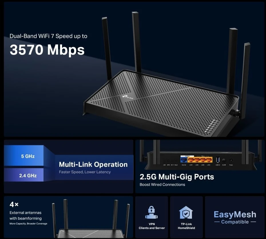 TP-LINK | Dviejų dažnių „Wi-Fi 7“ maršrutizatorius | Archer BE3600 | 802.11be | 2882 Mb/s | Tinklo ryšio palaikymas: Ne | MU-MiMO: Taip | Ne, mobilusis plačiajuostis ryšys: Ne