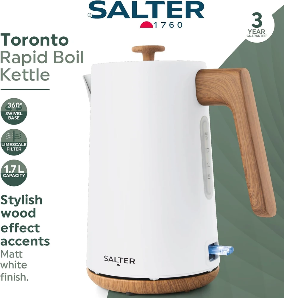 Salter elektrinis virdulys Toronto 1,7 l 3000 W, matinis baltas, su 360° pagrindu ir filtru
