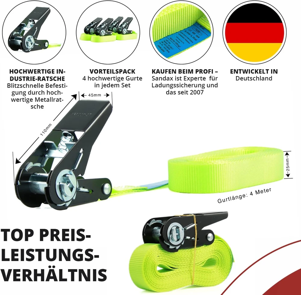 Sandax tvirtinimo diržų rinkinys su reketu, 4 vnt., 4 m ilgio, 25 mm pločio, iki 900 kg, geltoni