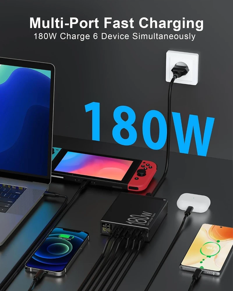 Sanicata 180 W 6 prievadų GaN USB-C ir USB-A įkrovimo stotelė, i19-180W