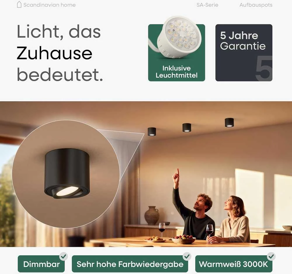 Scandinavian Home Lysea Scandinavian home įleidžiamų LED šviestuvų rinkinys, 6 vnt., 3,4 W, 3000 K, 470 lm, Ø80 × 65 mm, juodi, SAB6-1CD3-1000