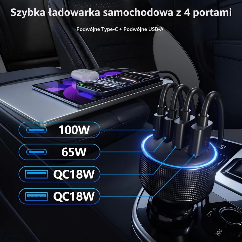 sccvee automobilinis įkroviklis 165 W, 4 USB-A/USB-C prievadai, PD 100 W
