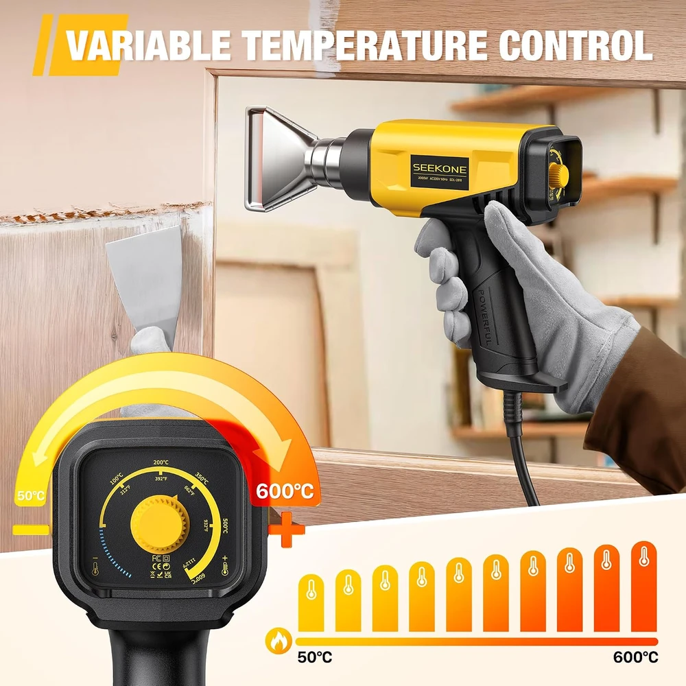 SEEKONE karšto oro pistoletas 2000 W, reguliuojama 50–600 °C temperatūra, SDL-2818