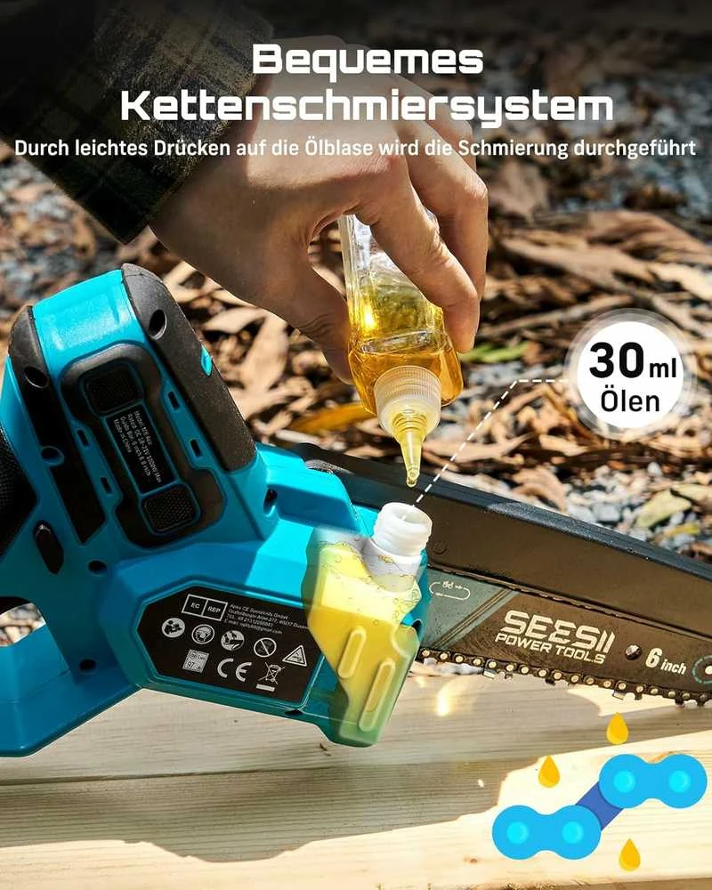 Seesii M8 akumuliatorinis mini grandininis pjūklas 1000 W, 6" ir 8" juostos, 2x 4,0 Ah