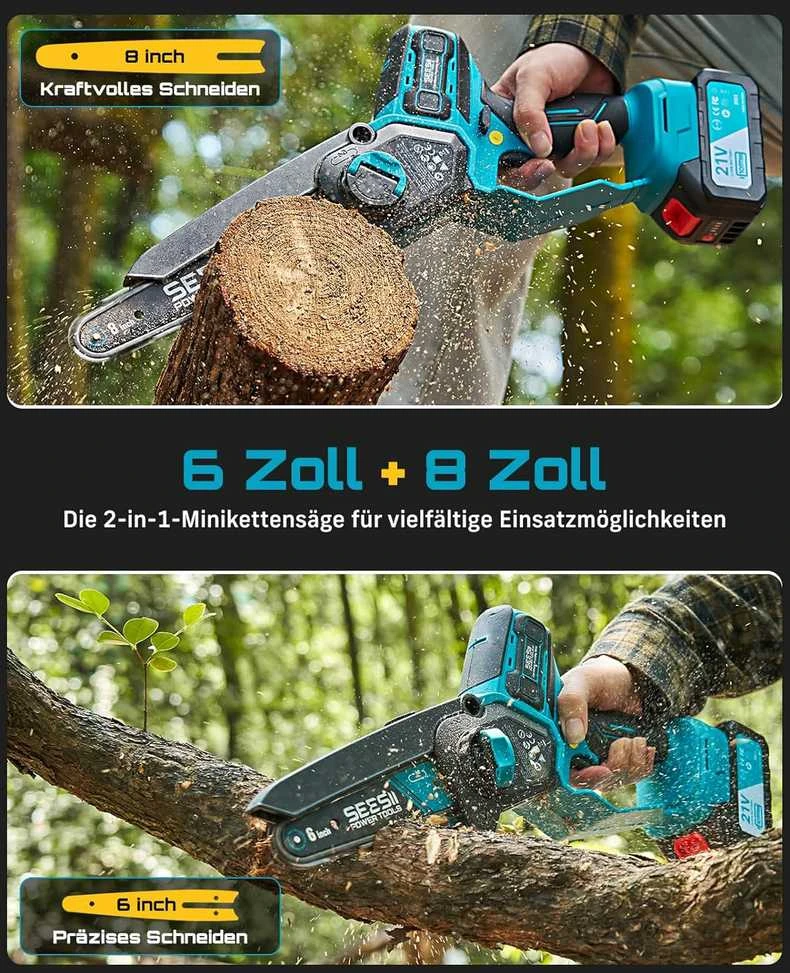 Seesii M8 akumuliatorinis mini grandininis pjūklas 1000 W, 6" ir 8" juostos, 2x 4,0 Ah