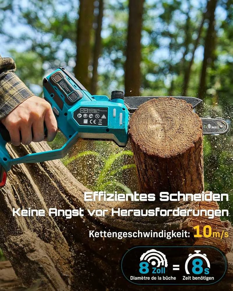 Seesii M8 akumuliatorinis mini grandininis pjūklas 1000 W, 6" ir 8" juostos, 2x 4,0 Ah