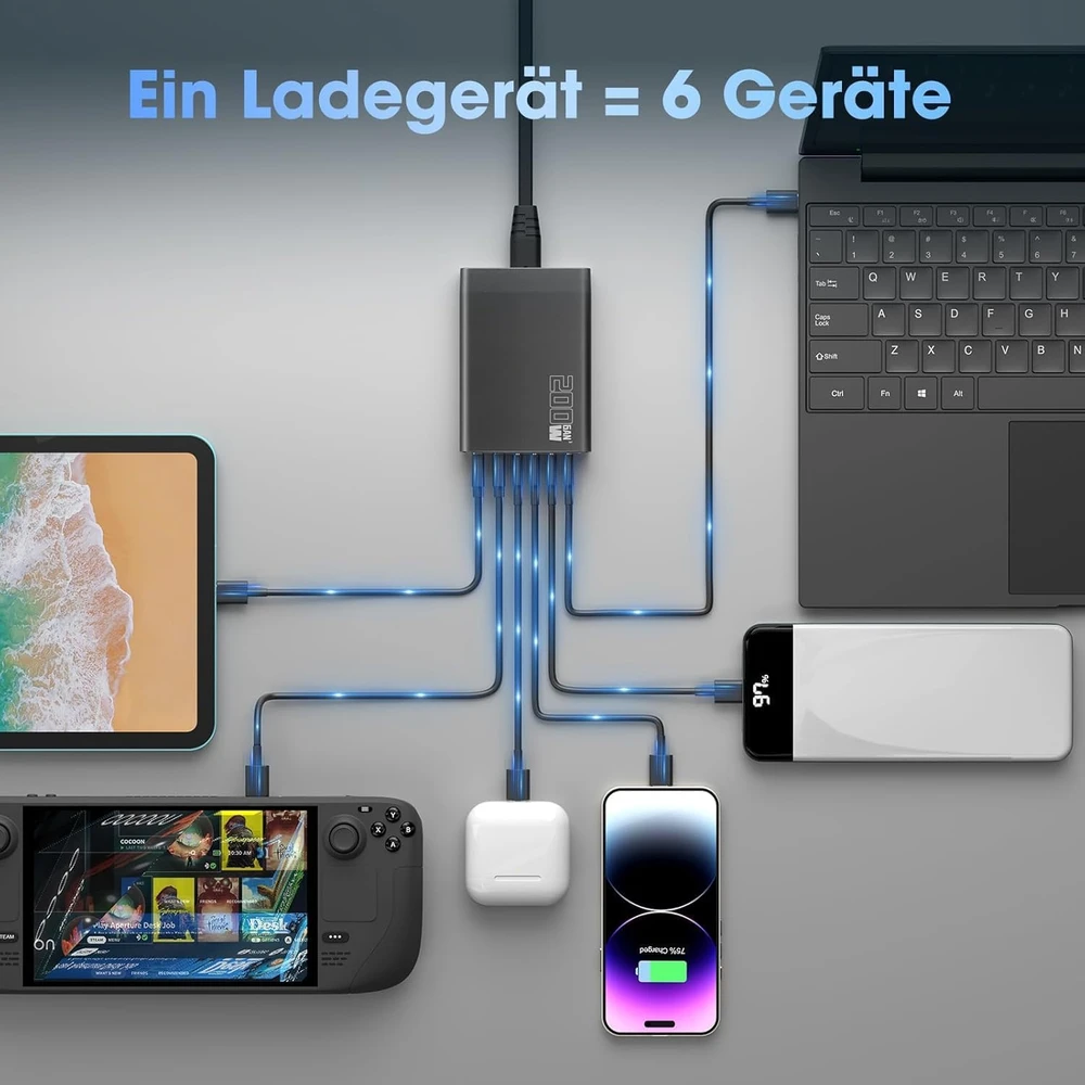 Sefitopher GaN III USB-C 6 prievadų įkroviklis, 200 W, PD, Quick Charge stotelė
