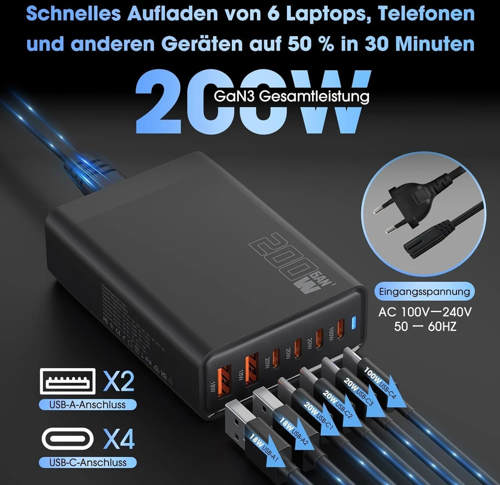 Sefitopher GaN III USB-C 6 prievadų įkroviklis, 200 W, PD, Quick Charge stotelė